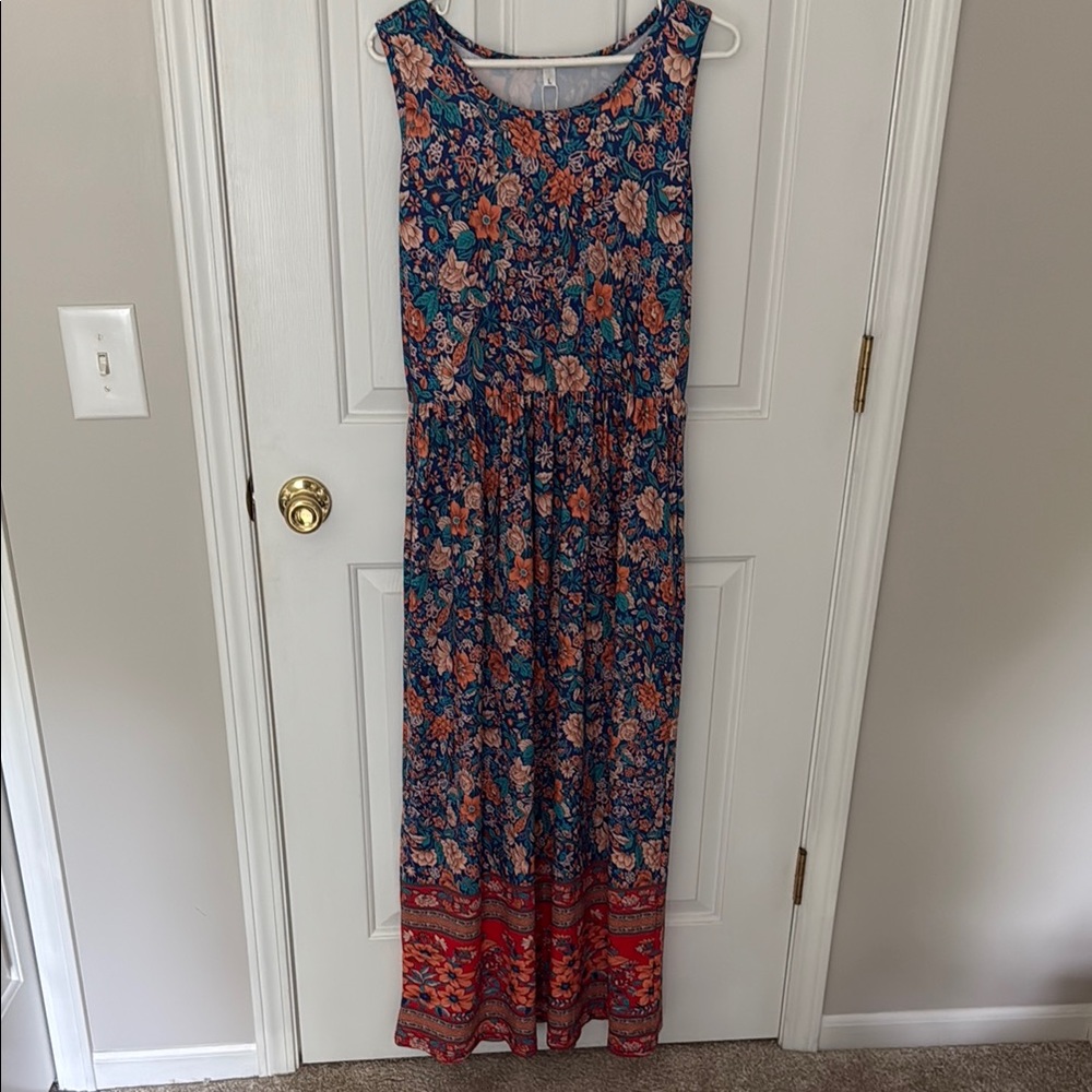 Chic Floral Sleeveless Maxi Dress - Blue, Orange and Red